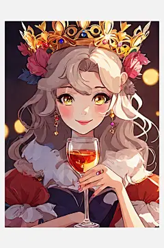 动漫风戴皇冠拿酒杯的美女AI数字艺术-众图网
