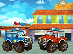 卡通场景与汽车车在道路附近的车库或修理站