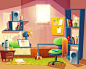 small room with mess, cartoon bedroom, dormitory with furniture. Free Vector