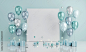 3D Rendering concept of invitation birthday valentine wedding card or for commercial. Blue theme balloons with blank paper copy space for text and gifts on background. 3D Render. 3D illustration.