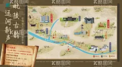 城市游园会打卡地图  - 源文件下载【酷图网】地图,景区,游园会,城市,打卡,古风,复古,手绘,卷轴,