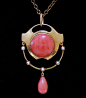 This is not contemporary - image from a gallery of vintage and/or antique objects. MURRLE BENNETT & Co. (1886-1914)  A gold pendant set set coral and small pearls with a coral drop.