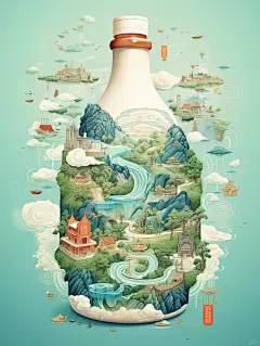 一瓶天地·中国山水画卷·酒水饮料包装插画 - 小红书
