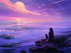 女孩 城市 夜晚 唯美 意境 平板壁纸