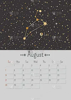 矢量垂直2022年8月日历与金色黄道星座和星星在黑色背景。A3, A2海报与星座狮子座。规划师与线性