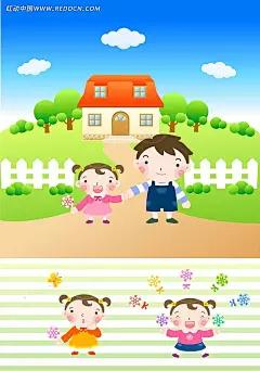 牵手的小孩子角色插画AI|绘画设计|角色|卡通人物|卡通人物图片|漫画人物|人物插画|人物素材|人物图片|矢量人物|矢量图|手绘人物|水彩