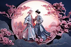爱在七夕古风剪纸风牛郎织女七夕人物插画