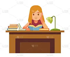 女孩坐在桌子上看书和看书。学校女孩在图书馆用台灯和课本。小孩子努力学习文学孤立卡通平面矢量插图白色背