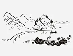 江南夏季山水简笔画免抠png素材_新图网ixintu.com