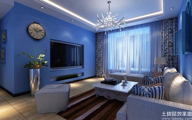 地中海风格60平米家居客厅电视背景墙装修...