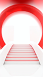 3d rendering of entrance, red staircase and red circle, in the style of 32k uhd, futuristic abstracts, white background, ultra hd, soft and rounded forms, innovative page design, tim etchells