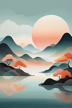 唯美国潮风扁平山水意境插画