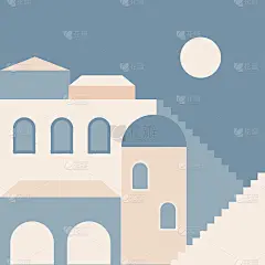 旧城极简主义波西米亚插画。波西米亚夏日老城用楼梯图案为旅行社设计宣传单、夏日生日贺卡、度假派对广告等