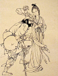 中国画---白描人物，<_br_>_中国画中完全用线条来表现物象的称“白描”。中国画白描作品是以单纯的线条勾勒作为造型手段，无论是工笔画还是写意画，无论是花鸟还是人物，他们都是以线构成，借线的