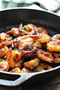 This smoky and sweet honey garlic shrimp skillet is super easy with only five ingredients and cooked in less than 15 minutes!