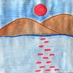 手绘水彩日落在海上。