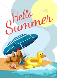 海滩,卡通,贺卡,分离着色,可爱的,自然,季节,文字,问候,庆祝