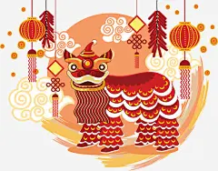 舞狮和灯笼高清素材 喜庆 手绘 新年 灯笼 红色的 舞狮 节日 鞭炮 免抠png 设计图片 免费下载