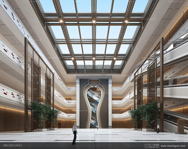现代中式博物馆大厅屏风吊顶天窗3d模型-花瓣网