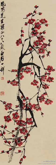 #花卉#【 齐白石 《红梅傲骨》】纸本设色，102x34 cm。齐白石画梅多以凝重的金石笔法画枝干，画花则喜爱用浓艳的洋红。但此幅并未使用“红花墨叶”之法。梅枝直接以浓墨写出，干涩而劲健有力的笔法表现出梅枝的虬曲姿态；梅花先用没骨法画出花瓣，再辅以胭脂红，点染花蕊，以此来呈现出梅花的层次感。



