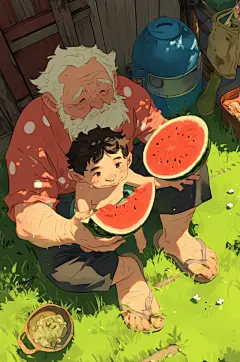 AI数字艺术夏季吃西瓜卡通插画