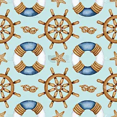 水彩画船舶设备、海洋旅游、海洋生物无缝图案。船舶导航。救生圈，方向盘，绳结，海星。手绘海上背景