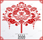2020年中国新年鼠年，纸鼠人物，花和亚洲元素与工艺风格的背景。
(中文翻译:祝2020年鼠年新年快