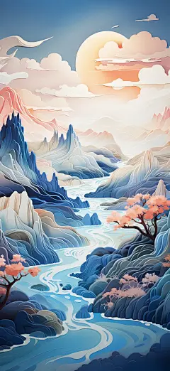 一幅山水3D水彩插图