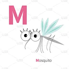 字母M蚊子动物园字母表。昆虫英语abc与动物的儿童教育卡孤立白色背景平面设计