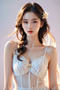  Dim, scattered, backlit, beautiful sky,Long hair reaching the waist, (long hair flying: 1.1),The skirt is very long. Women, big breasts,curvy body,full_body,smiling, full chested, bare feet, silver jewelry, elegant, lightweight, confident, flower posture