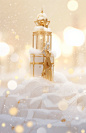 a small statue sits on top of a pile of snow, in the style of light gold and gold, dazzling cityscapes, rachel whiteread, elizabeth gadd, clockpunk, festive atmosphere, subtle ink application