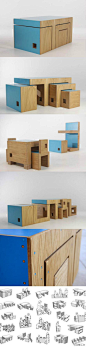 【万能家居ReStyle】来自设计师James Howlett的作品。它可以变成一组紧凑的咖啡桌；它可以变成两张桌子和两把椅子；它能变成一张桌子；一个座位和一个书架；它能变成孩子的餐桌；它能变成一个电视柜；它能用来存储物