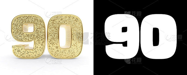金色数字90(数字90)在白色背景与投影和alpha通道。三维演示