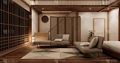 现代卧室-日本风格。三维渲染