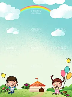 卡通儿童背景  - 源文件下载【酷图网】蓝天,白云,风景,手绘,草地,卡通孩子,