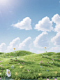 Blue sky, multiple hillsides and grasslands, flowers, natural light, 3D rendering scene, bright colors, high brightness, natural scene