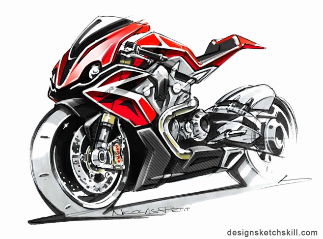 本田vtr 1200摩托车设计手绘效果图...