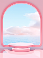 the round mirror on the pink background shows the ocean, in the style of minimalist stage designs, uhd image, cloudpunk, hazy, dreamlike quality, 3d, i can't believe how beautiful this is, sparse backgrounds