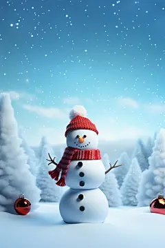 可爱冬天雪人植物树木素材图片
