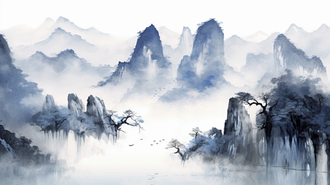 云雾缭绕横版中国风水墨山水插画