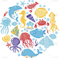 不同的海洋动物在可爱的卡通风格