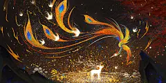 国潮烫金凤凰百鸟朝凤夜光手绘插画海报凤凰国潮