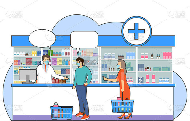 蒙面人在药店排队买药。人们在药房买药。矢量插图。向量。