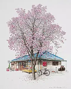 【韩国插画师Me Kyeoung Lee手绘的街角便利店】
韩国艺术家MeKyeoungLee，不仅迷恋杂货店和便利店，而且有一双发现美的眼睛，因此，过去20年，她一直在使用丙烯墨水记录小角落的小店。