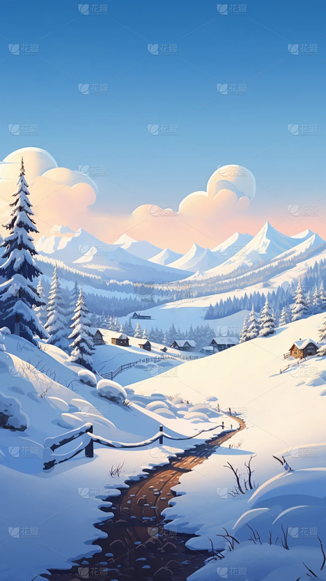 冬季冬天卡通感插画雪景场景背景图片素材素材-花瓣网