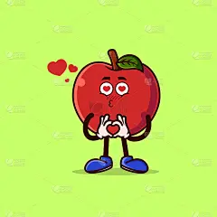 可爱的苹果人物与爱的表情。水果角色图标概念孤立。平面卡通风格的Premium Vector