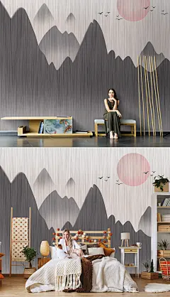 中式手绘抽象艺术山水群山壁纸