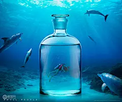 玻璃瓶 潜水员 海豚 蓝色海洋世界 酒水合成设计-广告海报-平面广告素材-酷图网
