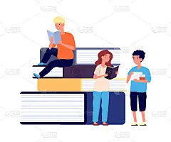 孩子们阅读。有书的学生。女孩和男孩，小学生学习。巨大的书和读者，教育或图书馆矢量插图