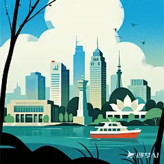 jimeng-2025-07-01-3866-“东营”，城市地标插画，印花图案，夏季主题，画面包含：新世纪大门，清风湖，游船，